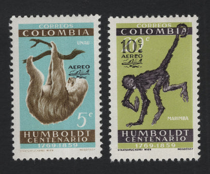 SCG10830 - Colombia 1963 Humboldt Centenario Airmail – Sloth & Spider Monkey Pair