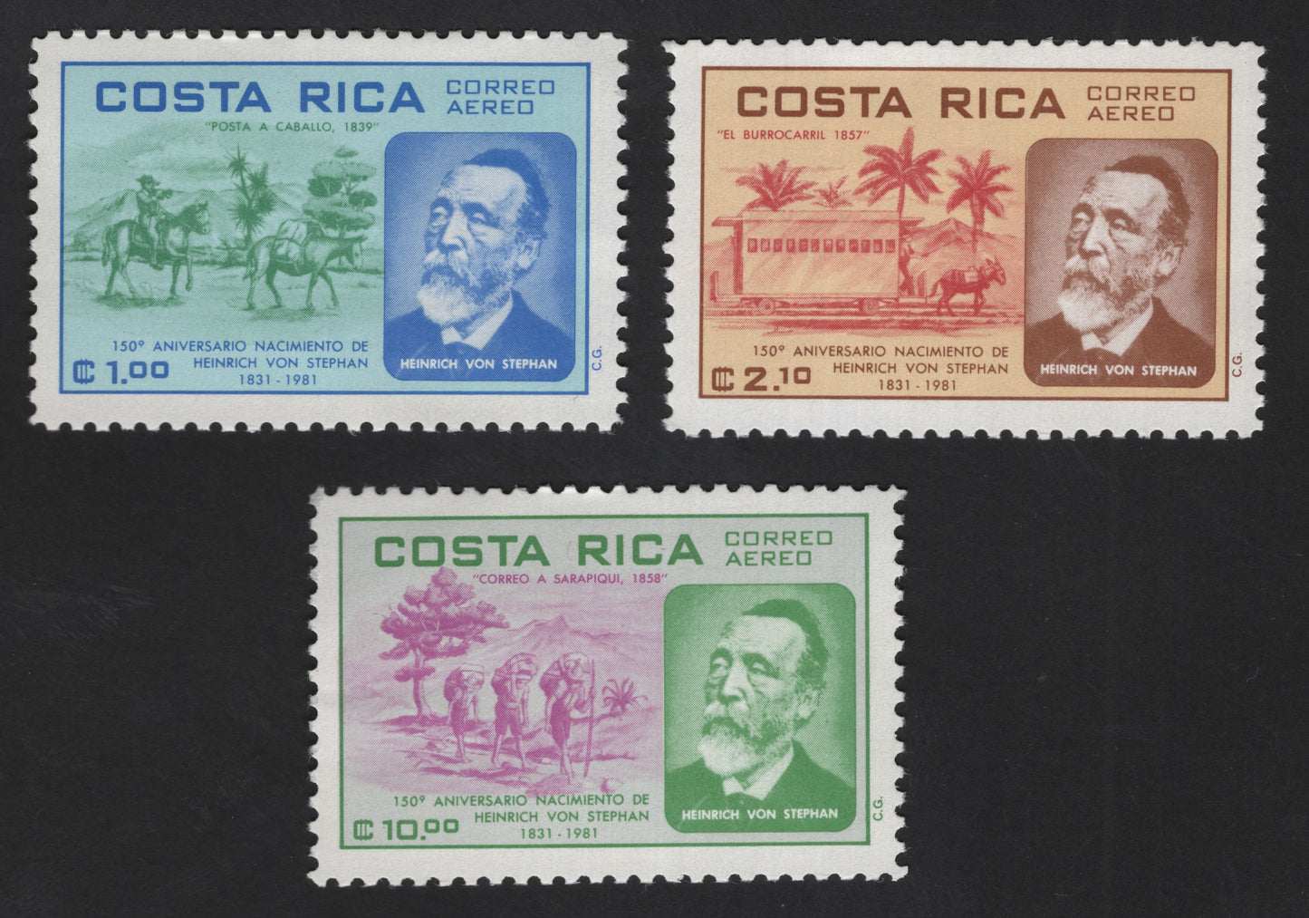 SCG12274 - Costa Rica 1981 – Heinrich von Stephan 150th Birth Anniversary – Correo Aéreo Set