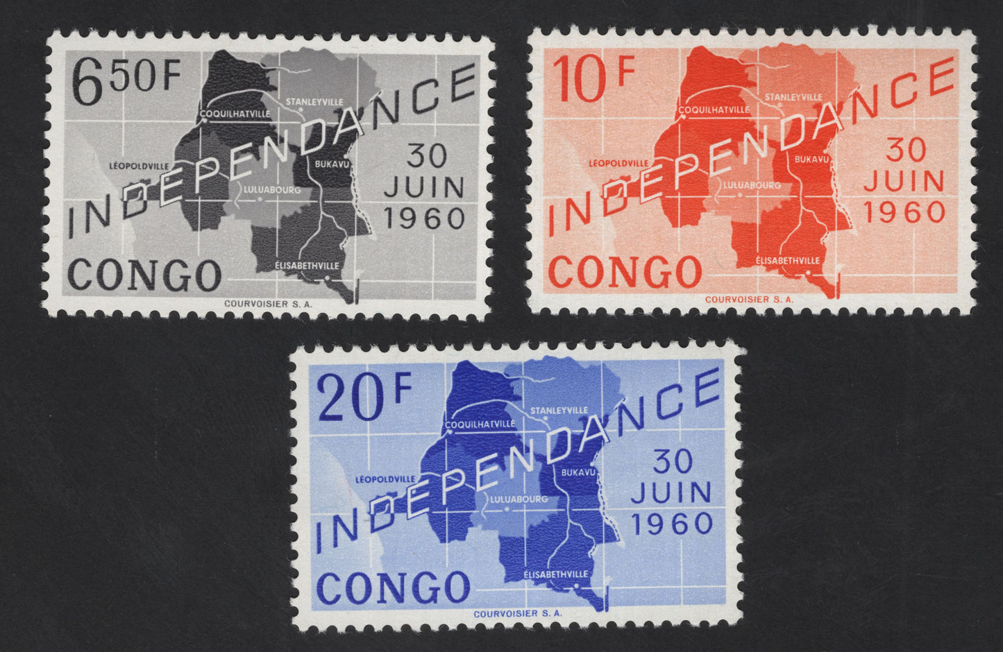 SCG12273 - Congo 1960 Independence Map Issue – 6.50F, 10F & 20F Set