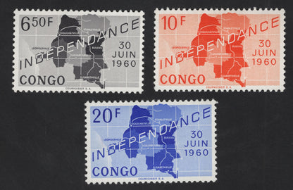 SCG12273 - Congo 1960 Independence Map Issue – 6.50F, 10F & 20F Set