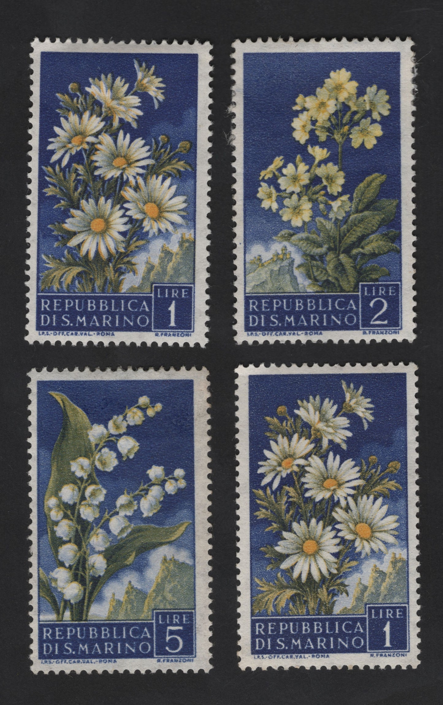 SCG12287 - San Marino 1952 – Wild Flowers Definitive Set (Daisy, Primrose, Lily of the Valley)