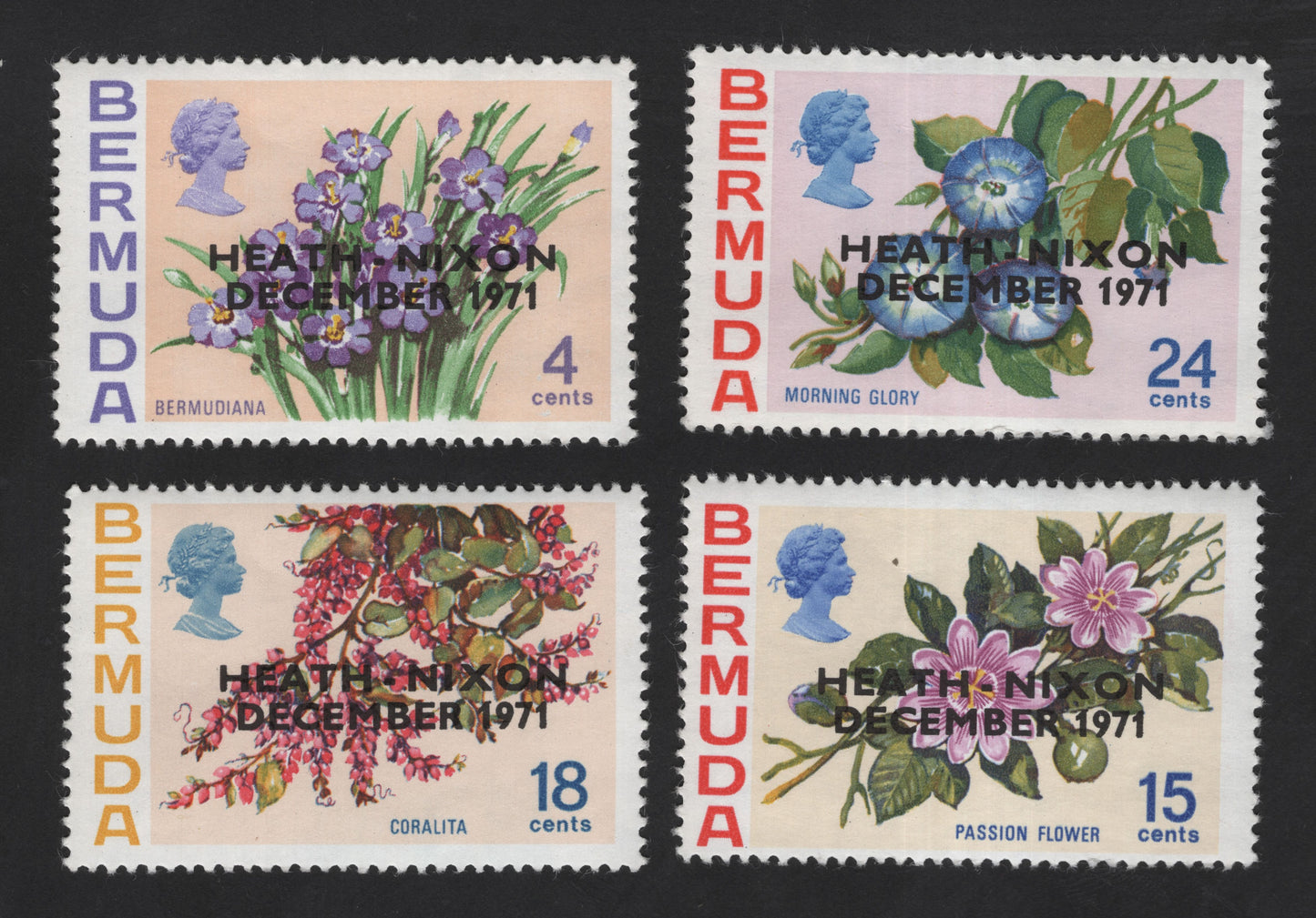 SCG12314 - Bermuda 1971 “Heath–Nixon December” Overprinted Flowers Set