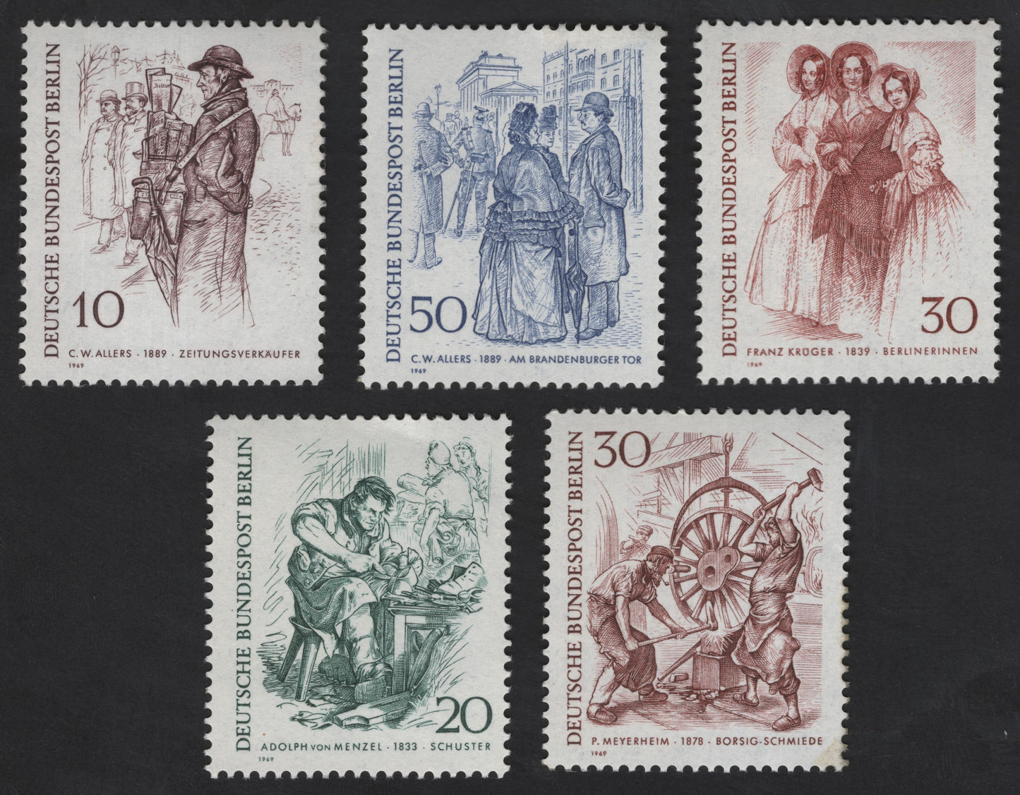 SCG12321 - West Berlin 1969 – 19th Century Berlin in Art (Complete 5-Stamp Set)