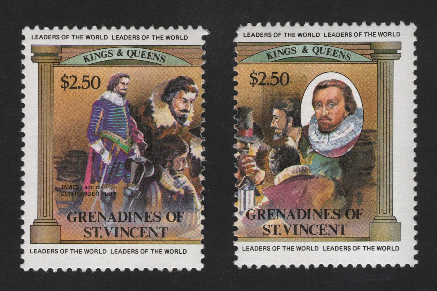 SCG12186 - Grenadines of St. Vincent “Leaders of the World – Kings & Queens: James I and the Gunpowder Plot” Stamp Pair