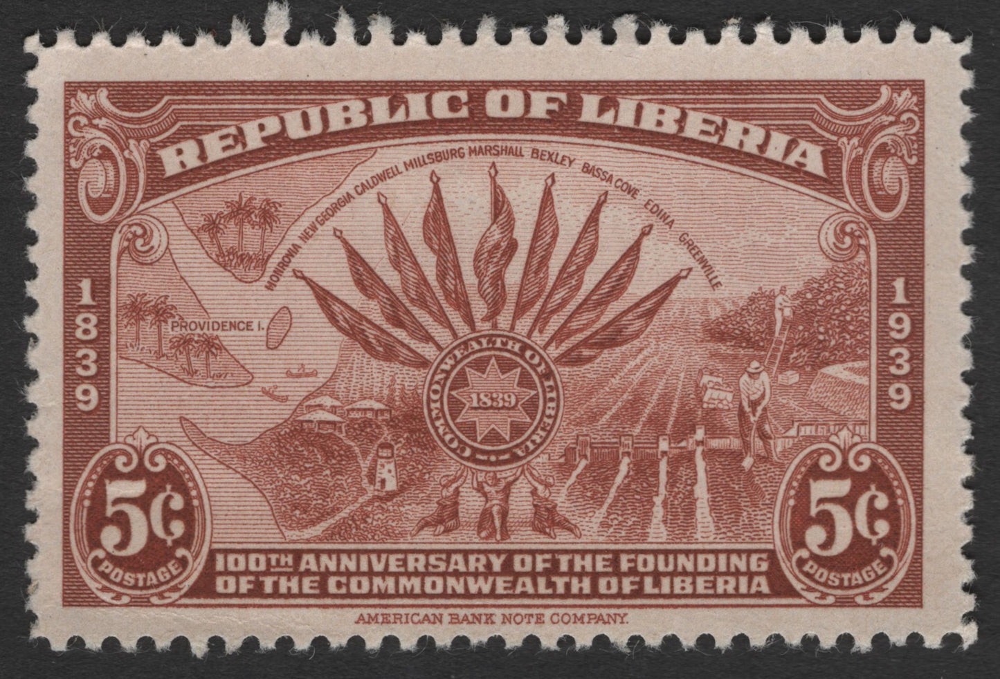 SCG11444 - Liberia – 1939 5¢ Founding of the Commonwealth Centennial Commemorative (Engraved ABNCo Issue)