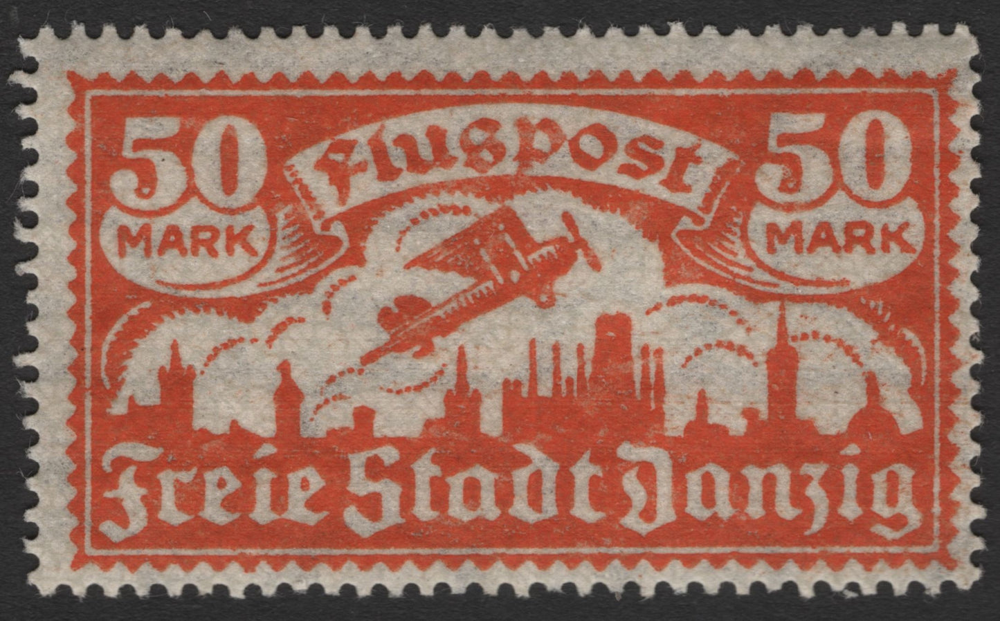 SCG11447 - Free City of Danzig – 50 Mark Red “Flugpost” Airmail, City Skyline Issue