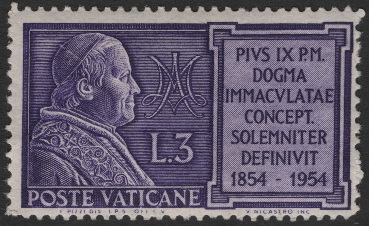 SCG11467 - Vatican City 1954 – 3 Lire Pope Pius IX & Immaculate Conception Centenary (Immaculatae Concepti)